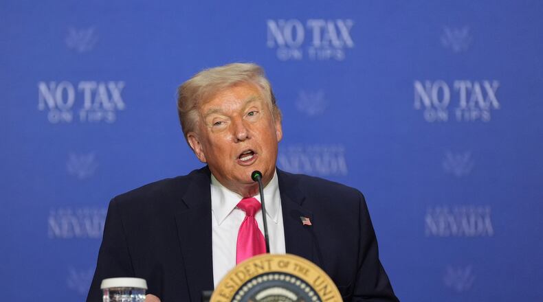 President Donald Trump speaks at a roundtable event about no tax on tips, Thursday, April 16, 2026, in Las Vegas. (AP Photo/Alex Brandon)