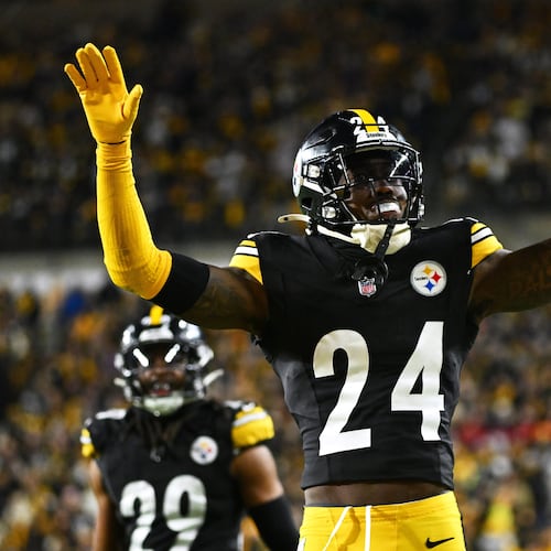 FILE - Pittsburgh Steelers cornerback Joey Porter Jr. reacts after a stop during the second half of an NFL wild-card playoff football game against the Houston Texans, Jan. 12, 2026, in Pittsburgh. (AP Photo/Justin Berl, File)