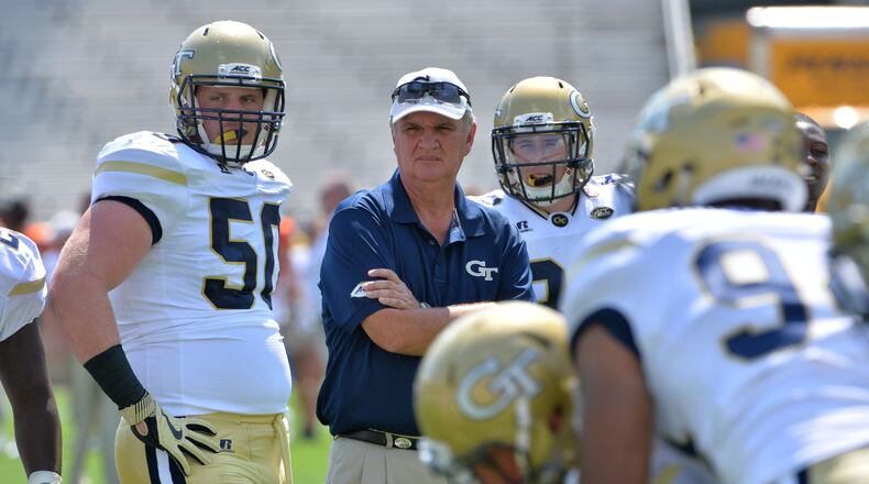 Georgia Tech coach Paul Johnson watches practice before the Yellow Jackets’ home opener against Mercer on Saturday, September 10, 2016. HYOSUB SHIN / HSHIN@AJC.COM