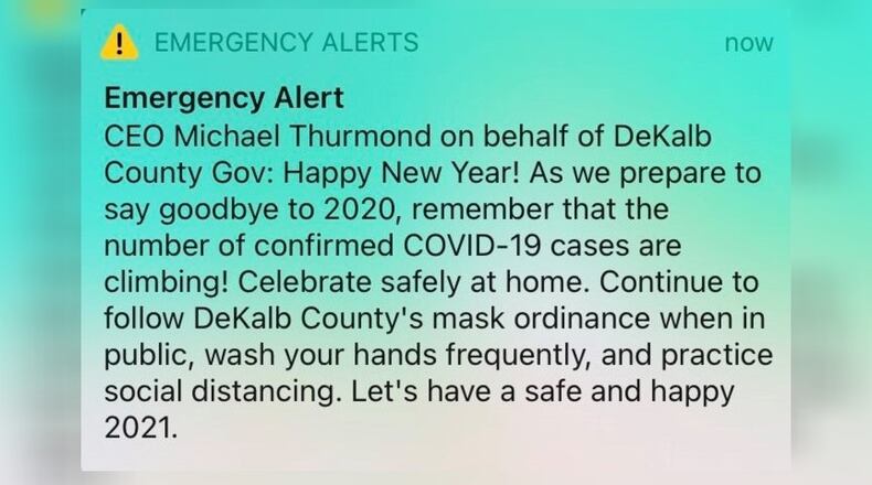 DeKalb County sent this emergency alert to more than half a million cellphones Thursday morning.