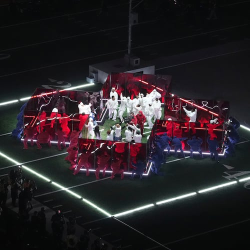 FILE - Kendrick Lamar performs during halftime of the NFL Super Bowl 59 football game between the Kansas City Chiefs and the Philadelphia Eagles in New Orleans on Feb. 9, 2025. (AP Photo/AJ Mast, File)