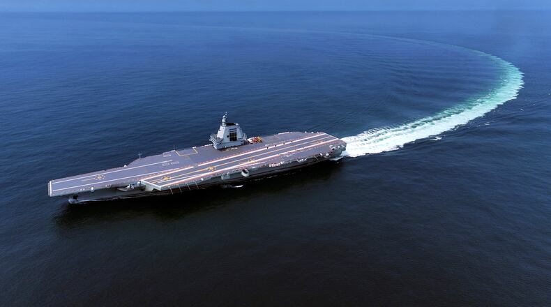 FILE - In this photo released by Xinhua News Agency, China's third conventionally powered aircraft carrier, the Fujian, conducts a maiden sea trial on May 7, 2024. (Ding Ziyu/Xinhua via AP, File)
