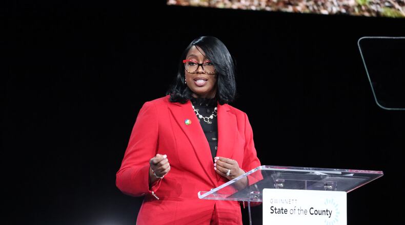 Gwinnett County Commission Chairwoman Nicole Love Hendrickson delivered her 2022 state of the county address on Thursday morning in Lawrenceville. SPECIAL PHOTO