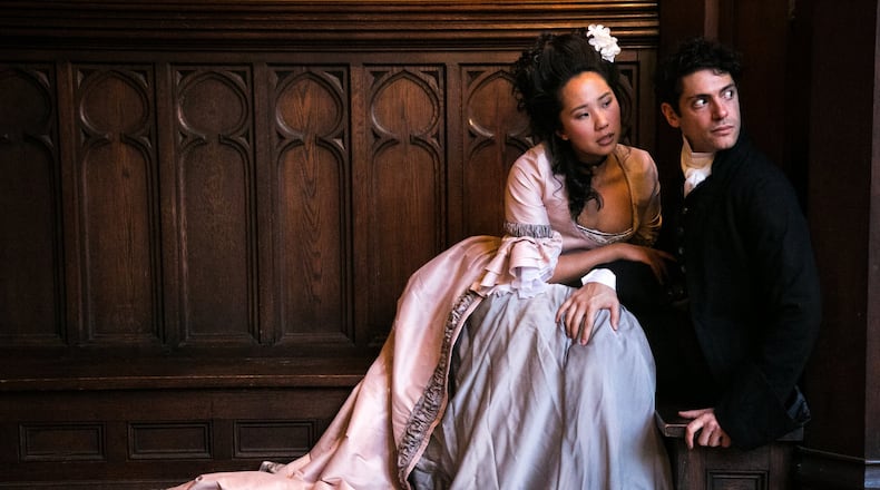 “Frankenstein’s Funeral,” featuring Jake Krakovsky and Michelle Pokopac, is an “immersive” play in which a small audience becomes part of the action. A site-specific show, it was created for the gothic architecture of the St. John’s Lutheran Church in Druid Hills. CONTRIBUTED: FOUND STAGES/JOSH MARSH