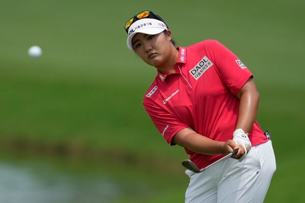 Haeran Ryu, of South Korea, chips to the eighth green during the third round of the Chevron Championship LPGA golf tournament Saturday, April 26, 2025, in The Woodlands, Texas. (AP Photo/Ashley Landis)