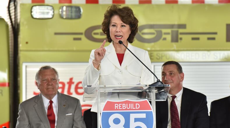 U.S. Secretary of Transportation Elaine Chao, seen here at a ceremony to reopen I-85 last year, visited Alpharetta Friday to highlight the federal government's $184 million commitment to the Ga. 400 toll lanes project. HYOSUB SHIN / HSHIN@AJC.COM