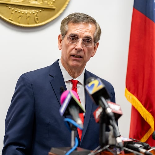 Secretary of State Brad Raffensperger gives an update on First Liberty Building & Loan's alleged Ponzi scheme April 1. (Ben Hendren for the AJC)