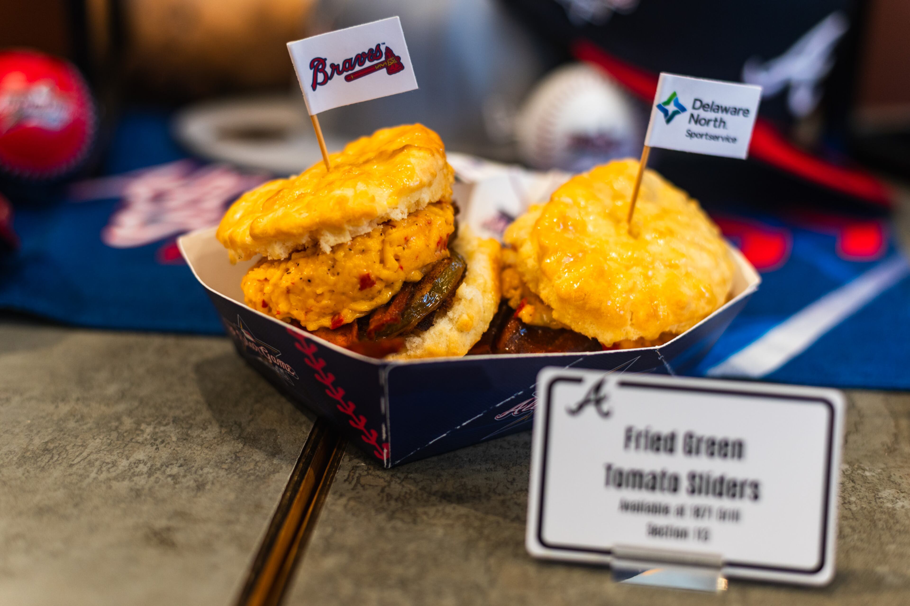 Fried green tomato sliders represent a vegetarian offering for MLB All-Star Weekend. (Henri Hollis / henri.hollis@ajc.com)