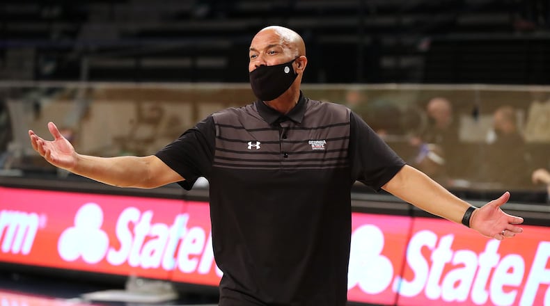 Georgia State head coach Rob Lanier argues after his team was called for a technical foul during the third overtime against Georgia Tech that ended in a 110-110 tie during Tech’s home opener in a NCAA college basketball game that extended into the early morning hour of Thursday, Nov 26, 2020, in Atlanta. Georgia State went on to beat Georgia Tech 123-120 in the fourth overtime period.