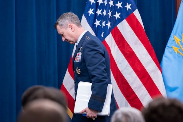 Joint Chiefs Chairman Gen. Dan Caine steps away from the podium following a news conference at the Pentagon, Thursday, June 26, 2025 in Washington. (AP Photo/Kevin Wolf)