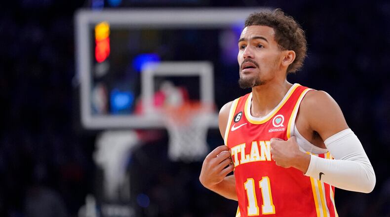 Hawks guard Trae Young will miss Monday night’s matchup against the Bucks. The team ruled out the 24-year-old guard with right shin soreness ahead of the game at State Farm Arena. (AP Photo/Mary Altaffer)