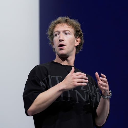 FILE - Mark Zuckerberg talks about the Orion AR glasses during the Meta Connect conference on Sept. 25, 2024, in Menlo Park, Calif. (AP Photo/Godofredo A. Vasquez, File)