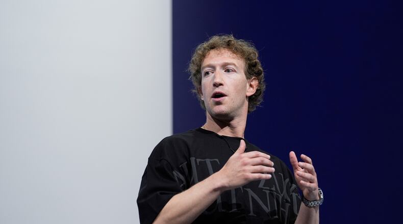 FILE - Mark Zuckerberg talks about the Orion AR glasses during the Meta Connect conference on Sept. 25, 2024, in Menlo Park, Calif. (AP Photo/Godofredo A. Vasquez, File)