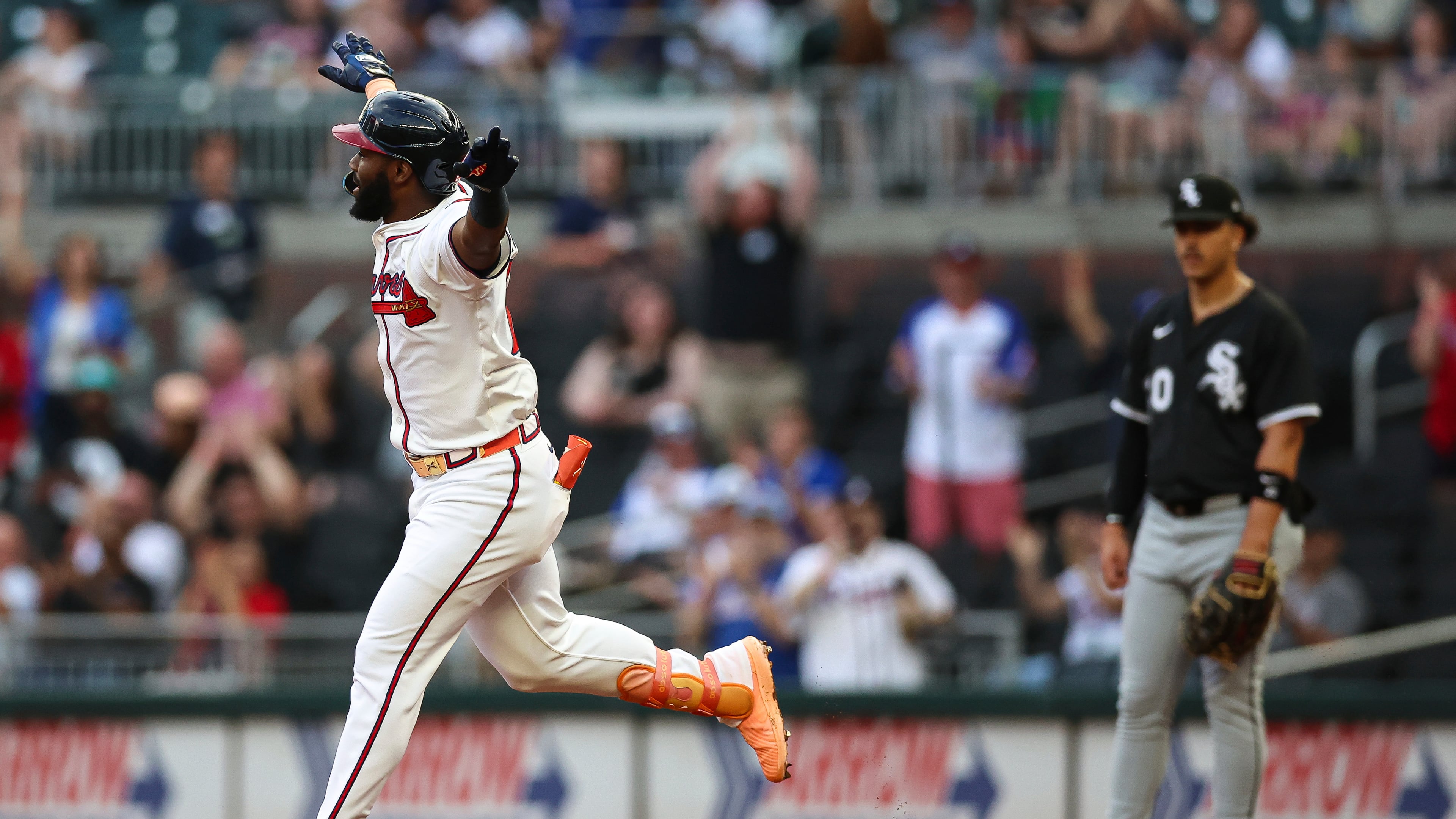 Atlanta Braves' Michael Harris II reacts after hitting a two-run home run in the first inning of a baseball game against the Chicago White Sox, Tuesday, Aug. 19, 2025, in Atlanta. (Colin Hubbard/AP)