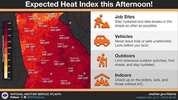 The National Weather Service is warning Georgia residents to be careful as temperatures soar on Monday, July 21, 2025.