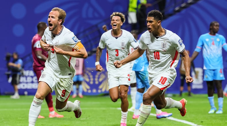England forward Harry Kane (left) reacts after scoring against Congo during the second half of a FIFA World Cup round of 32 match at Atlanta Stadium (Mercedes-Benz Stadium) on Wednesday, July 1, 2026, in Atlanta. (Jason Getz/AJC)