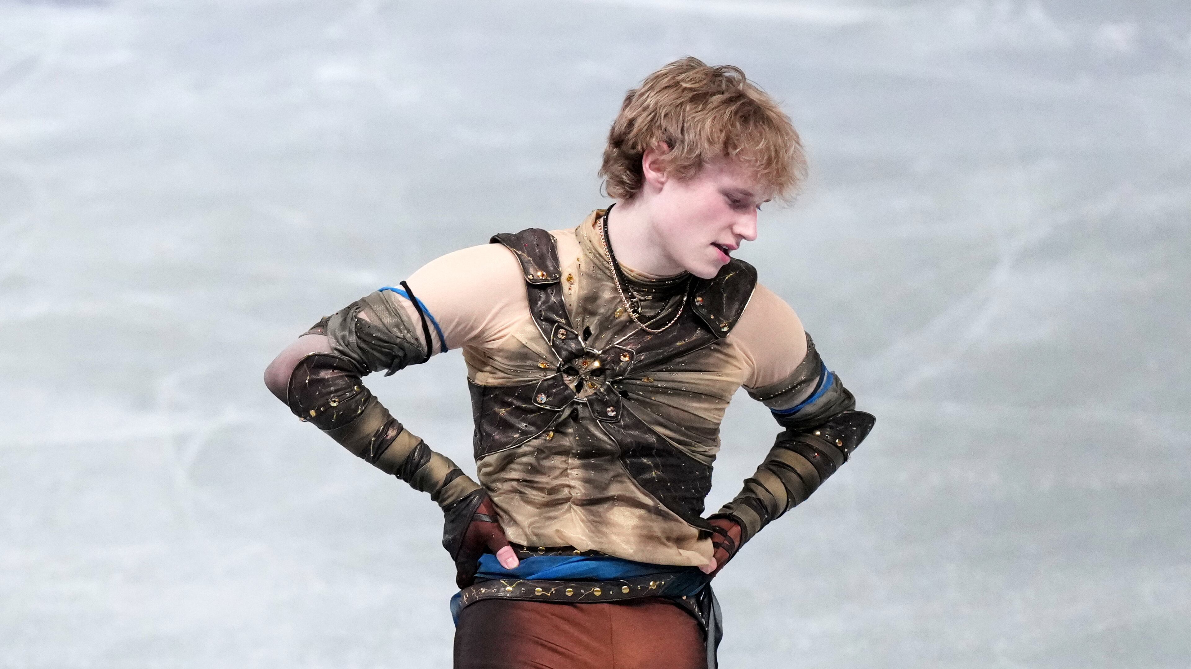 Ilia Malinin, of the United States, reacts after finishing the men's short program segment at the ISU Grand Prix of Figure Skating Final in Nagoya, central Japan, Thursday, Dec. 4, 2025. (AP Photo/Hiro Komae)