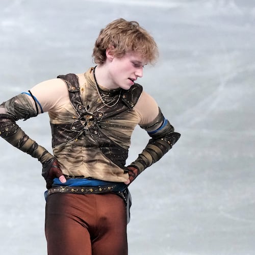 Ilia Malinin, of the United States, reacts after finishing the men's short program segment at the ISU Grand Prix of Figure Skating Final in Nagoya, central Japan, Thursday, Dec. 4, 2025. (AP Photo/Hiro Komae)