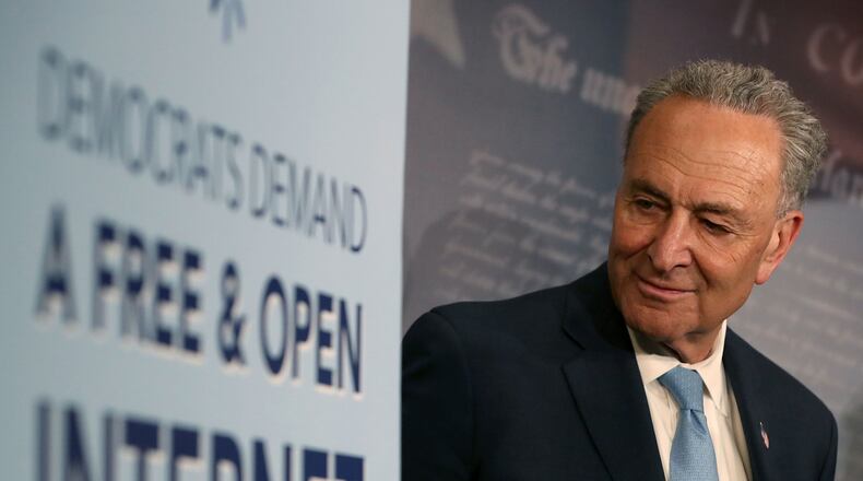 WASHINGTON, DC - MAY 16: Senate Majority Leader Charles Schumer (D-NY) attends a press conference at the Capitol Building on May 16, 2018 in Washington, D.C. The Senate voted and passed a Resolution to undo President Trump and FCC Chairman Ajit Pai’s repeal of net neutrality rules. The House has not yet voted on the Resolution. (Mark Wilson/Getty Images)