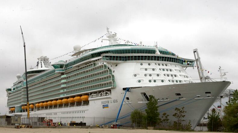 FILE - This May 11, 2006 file photo shows the Freedom of the Seas cruise ship docked in Bayonne, N.J. An Indiana man charged with negligent homicide in his granddaughter's fatal plunge from a cruise ship docked in Puerto Rico insists that he didn't realize an 11th-floor window was open before the 18-month-old fell to her death in July.