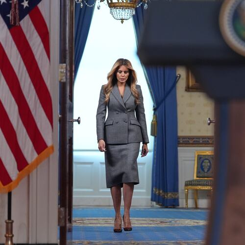 First lady Melania Trump arrives to speak with reporters Thursday, April 9, 2026, in the Grand Foyer of the White House in Washington. (AP Photo/Jacquelyn Martin)