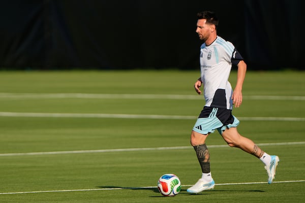 Argentina forward Lionel Messi works out during practice for the FIFA World Cup soccer Wednesday, June 3, 2026, in Kansas City, Kan..(Charlie Riedel/AP)
