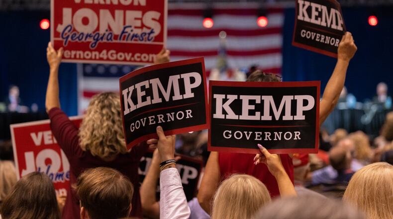 Convention goers cheer and boo as Governor Brian Kemp (R-GA) speaks at the Georgia GOP State Convention in Jekyll Island, Georgia on June 5th, 2021. Nathan Posner for the Atlanta-Journal-Constitution