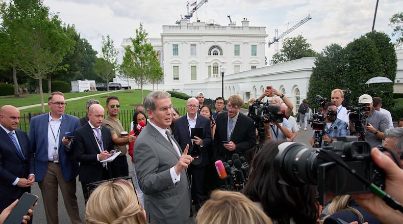 Treasury Secretary Scott Bessent speaks to members of the media outside the White House in Washington, Thursday, Aug. 20, 2026. (AP Photo/Jacquelyn Martin)