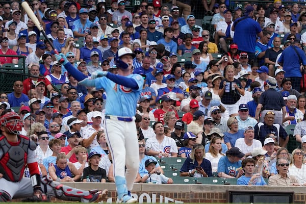 Chicago Cubs' Pete Crow-Armstrong hits a home run against the St. Louis Cardinals during the third inning of a baseball game Friday, July 4, 2025, in Chicago. (AP Photo/David Banks)
