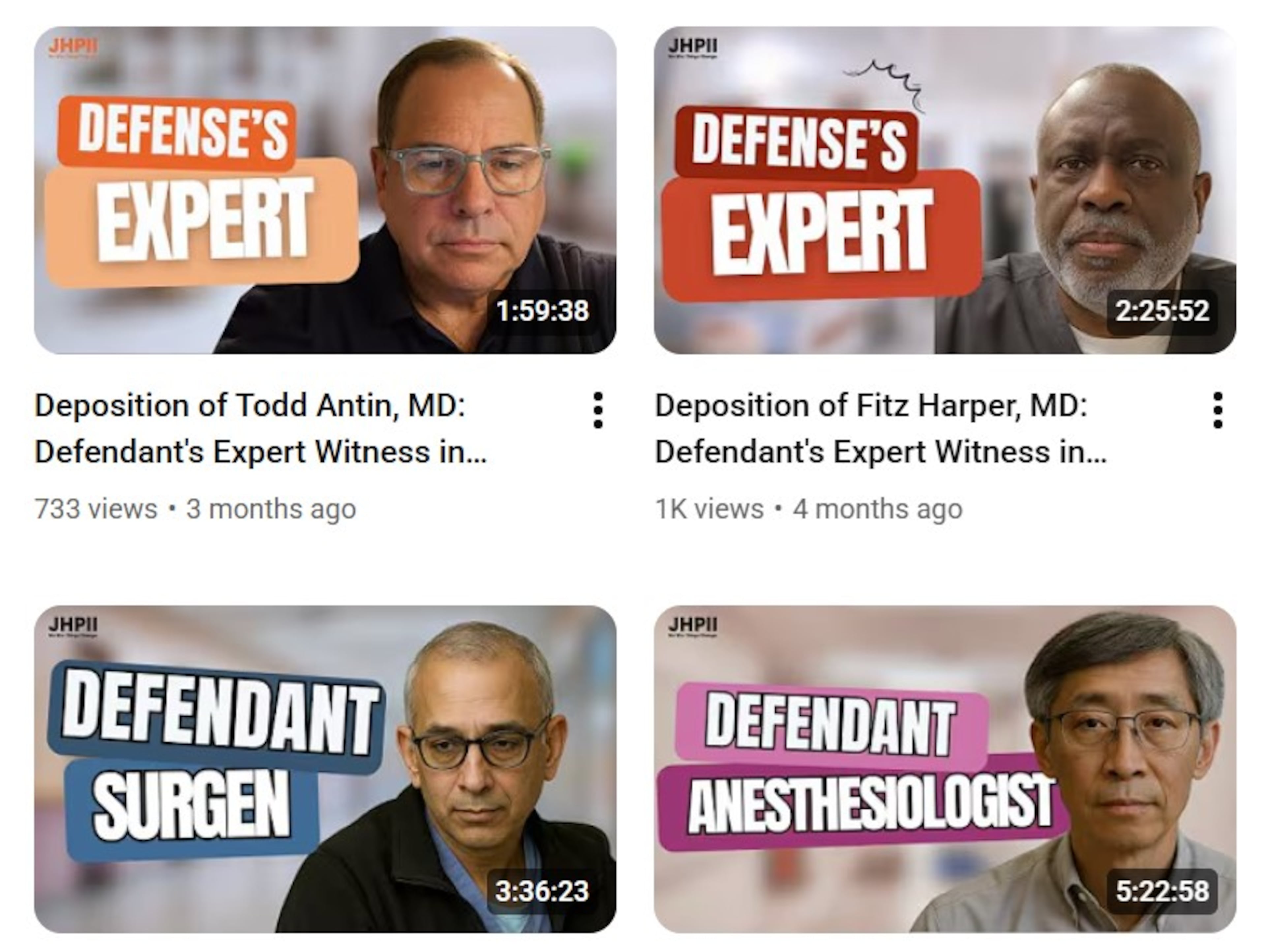 The YouTube channel of Atlanta personal injury lawyer James Hugh Potts II contains videotaped depositions of witnesses in his cases.