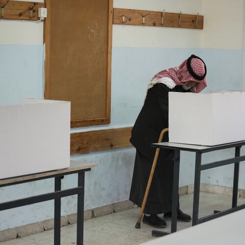 A Palestinian man votes in local elections, the first in two decades in Gaza and the first in the occupied West Bank since the start of the Israel-Hamas war in Al-Ubaidiya, West Bank, Saturday, April 25, 2026. (AP Photo/Mahmoud Illean)