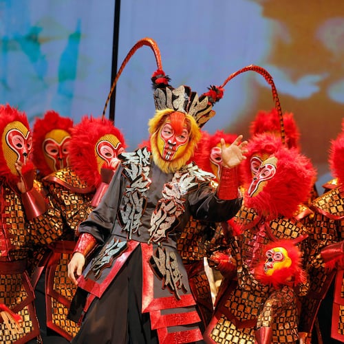 This image released by the San Francisco Opera shows tenor Kang Wang, center, rehearsing for the new opera "The Monkey King," on Nov. 6, 2025 in San Francisco. (Cory Weaver/San Francisco Opera via AP)