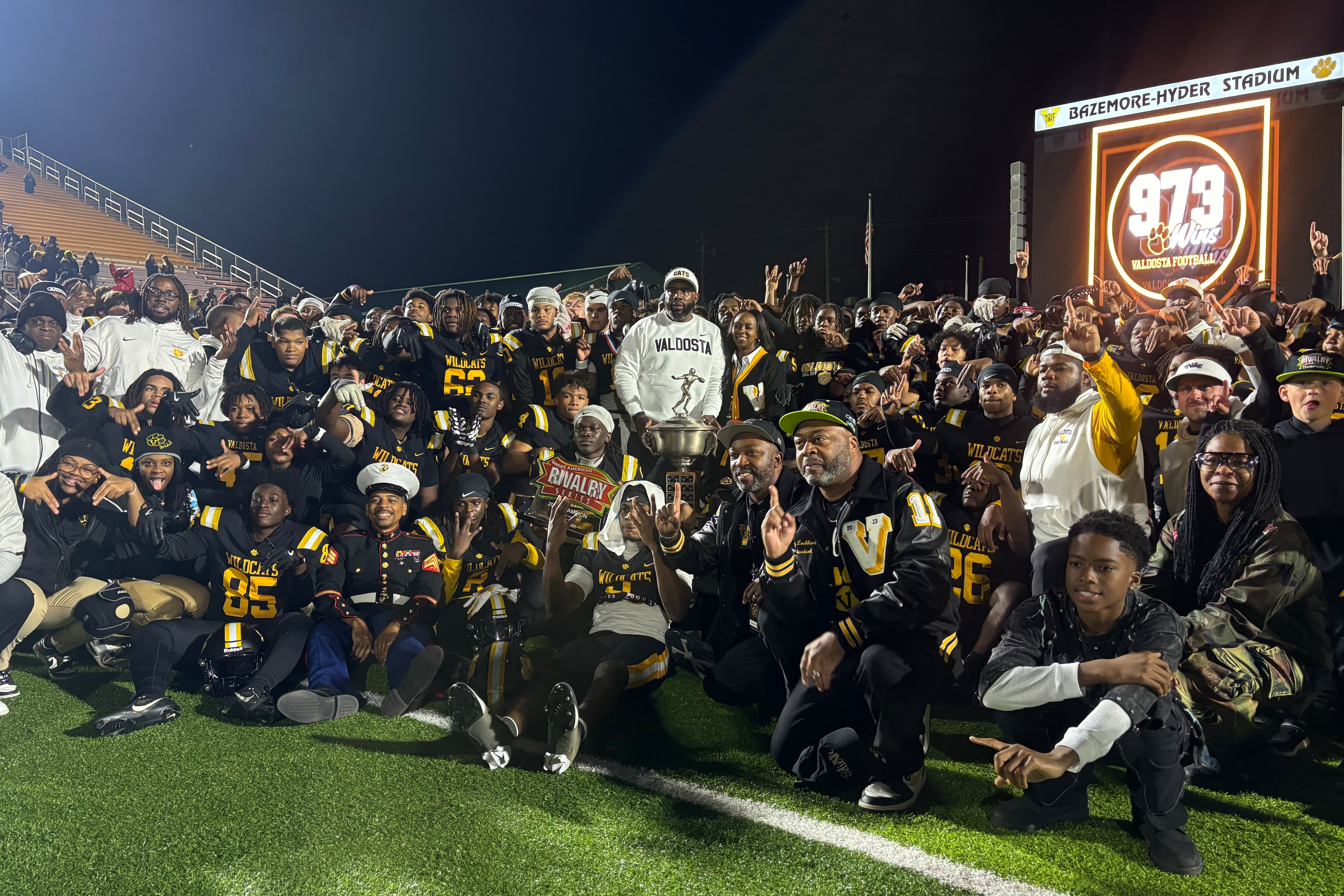Valdosta celebrates its Region 1-6A championship after a 23-14 win over Lowndes in the Winnersville Classic on Friday, Oct. 31, 2025. (Jack Leo/AJC)
