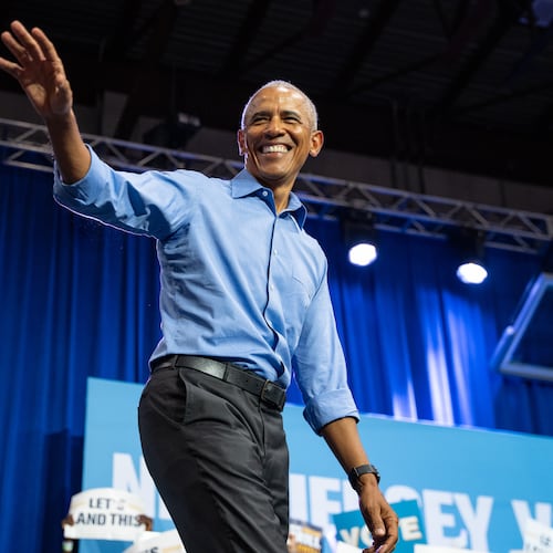 Former President Barack Obama arrives to a rally for New Jersey Democratic gubernatorial candidate Mikie Sherrill at a campaign event, Saturday, Nov. 1, 2025, in Newark, N.J. (AP Photo/Angelina Katsanis)