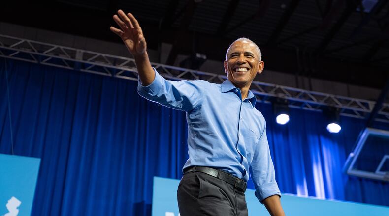 Former President Barack Obama arrives to a rally for New Jersey Democratic gubernatorial candidate Mikie Sherrill at a campaign event, Saturday, Nov. 1, 2025, in Newark, N.J. (AP Photo/Angelina Katsanis)