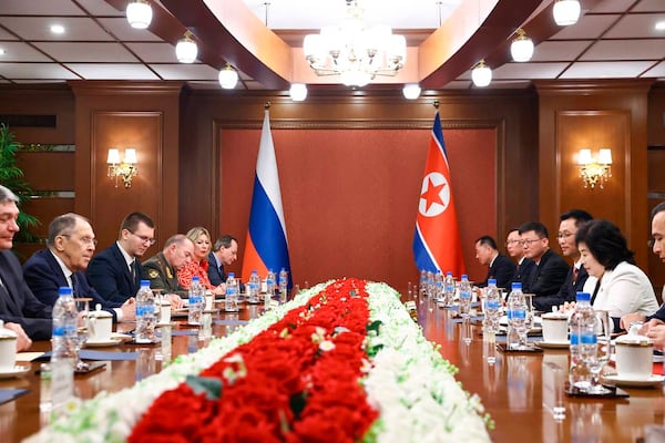 In this photo released by Russian Foreign Ministry Press Service, Russian Foreign Minister Sergey Lavrov, second left, and North Korean Foreign Minister Choe Son Hui, second right, attend the talks in Wonsan, North Korea, on Saturday, July 12, 2025. (Russian Foreign Ministry Press Service via AP)