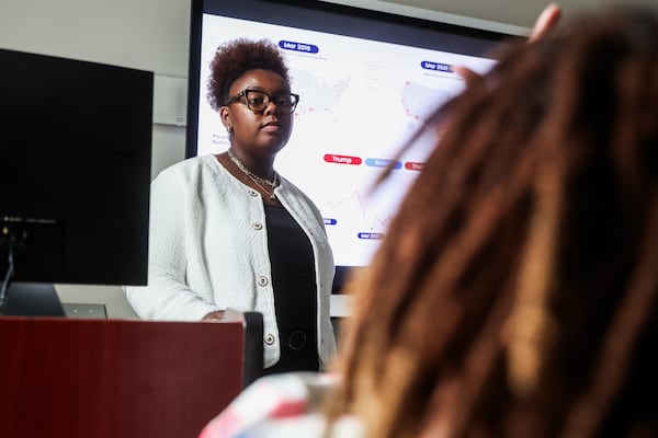 Policy intern Mackenzie Hickson presents in Knowles Hall at Clark Atlanta University in Atlanta on Wednesday, July 1, 2026. She is studying for her master's degree in public health. (Abbey Cutrer/AJC)
