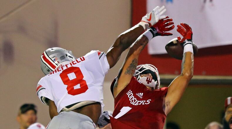 Ohio State cornerback Kendall Sheffield making a play against Indiana. (Associated Press)