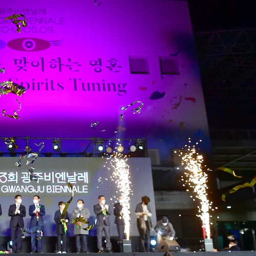 Attendees participate in the opening ceremony of the Gwangju Biennale in Gwangju, South Korea, on March 31, 2021.(Ryu Hyung-geun/Newsis via AP)