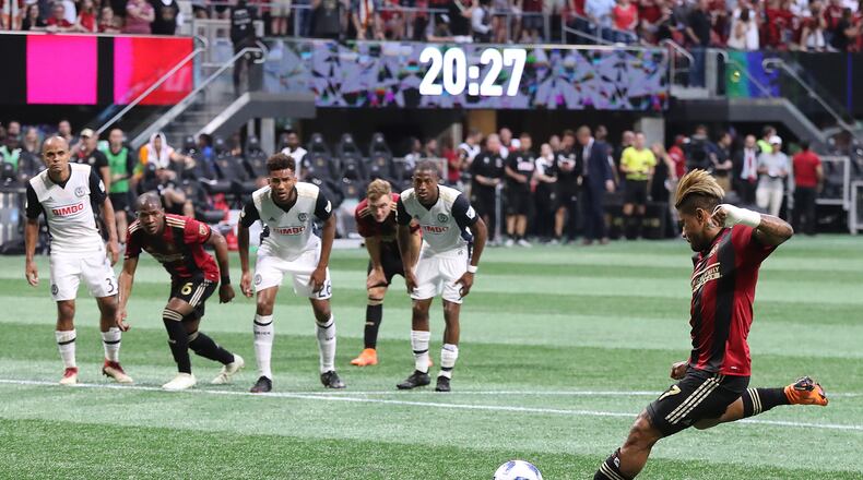 Josef Martinez scores a goal on a penalty kick for a 1-0 lead during the first half in a MLS soccer match on Saturday, June 2, 2018, in Atlanta.  Curtis Compton/ccompton@ajc.com