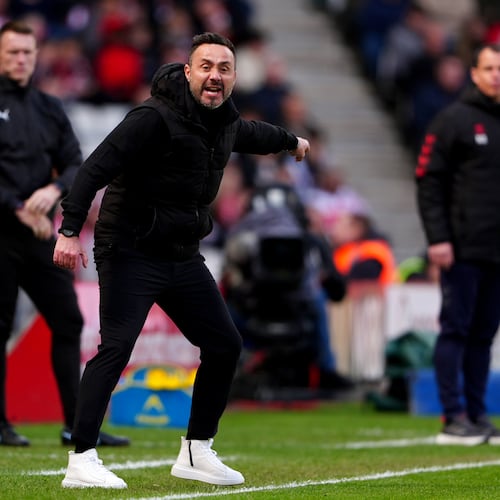 Tottenham Hotspur manager Roberto De Zerbi during the Premier League match between Tottenham and Sunderland, at the Stadium of Light, Sunderland, England, Sunday April 12, 2026. (Owen Humphreys/PA via AP)