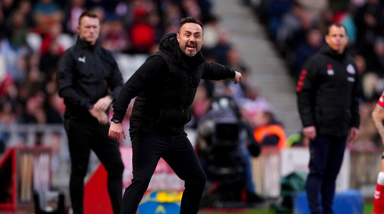 Tottenham Hotspur manager Roberto De Zerbi during the Premier League match between Tottenham and Sunderland, at the Stadium of Light, Sunderland, England, Sunday April 12, 2026. (Owen Humphreys/PA via AP)