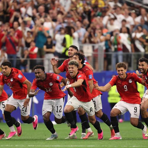 Egypts players celebrate after their teammate Hossam Abdelmaguid scored the winning penalty during World Cup round of 32 soccer match between Australia and Egypt in Arlington, Texas, near Dallas, Friday, July 3, 2026. (Sam Hodde/AP)