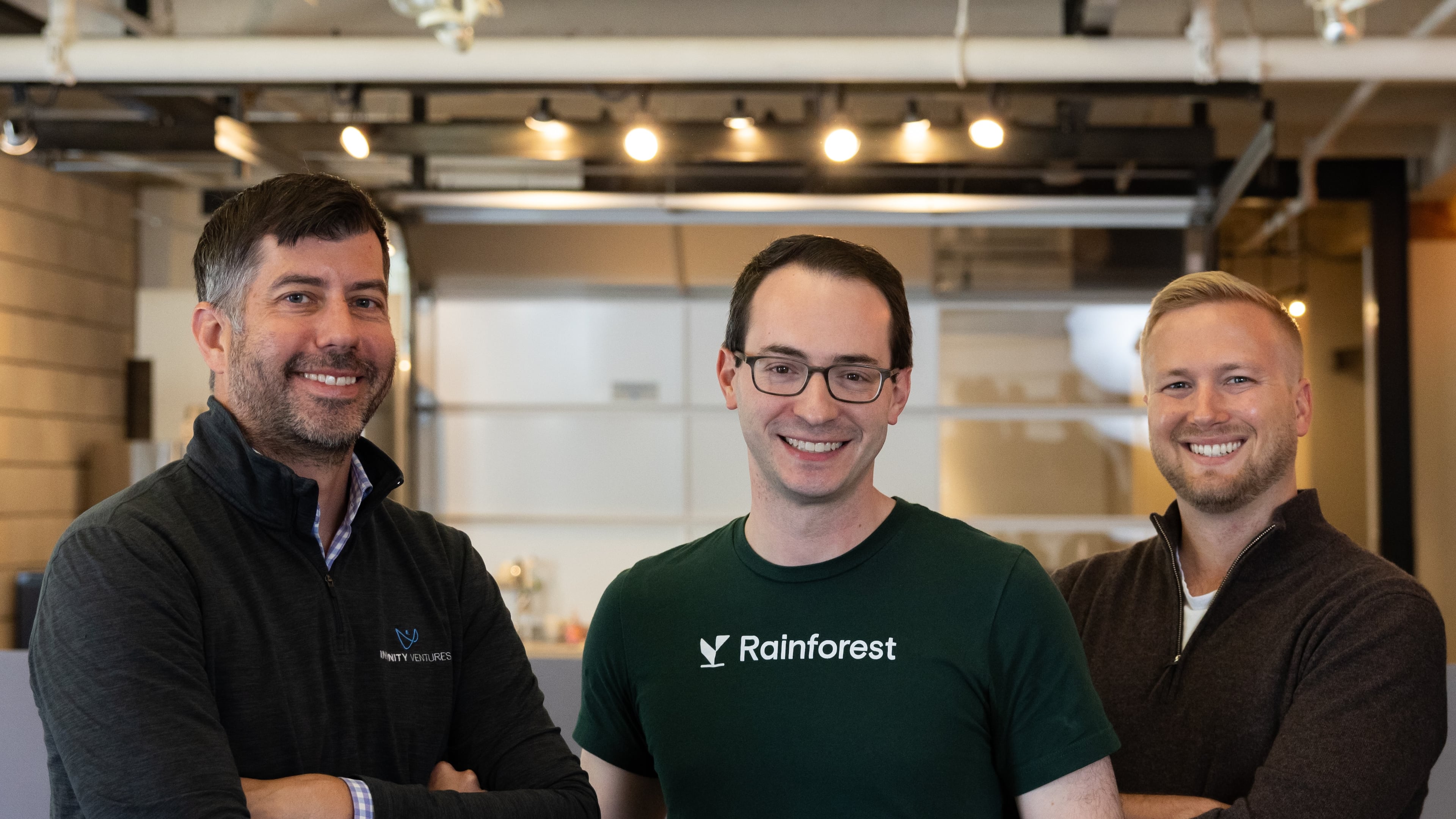 Rainforest founder and CEO Joshua Silver (center) with two of the financial technology company's lead investors, Jeremy Jonker of Infinity Ventures (left) and Matt Brown of Matrix Partners. (Courtesy of Chloe Jackman/Rainforest)