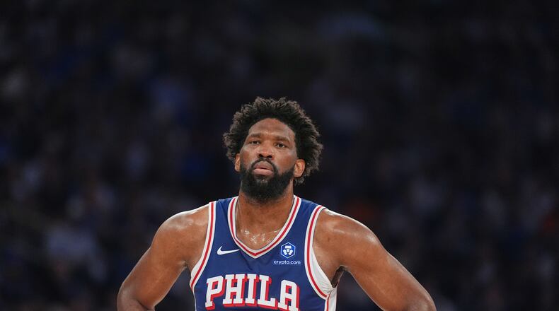 FILE - Philadelphia 76ers' Joel Embiid reacts during the first half of Game 1 in a second-round NBA basketball playoffs series against the New York Knicks Monday, May 4, 2026, in New York. (AP Photo/Seth Wenig, File)