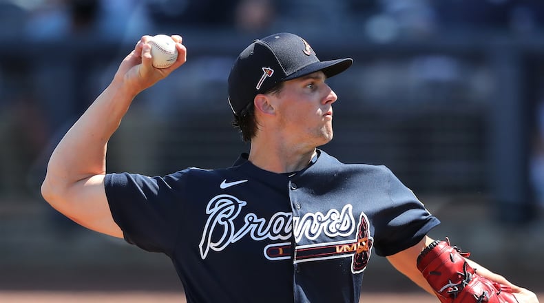 Atlanta Braves pitcher Kyle Wright delivers against the Tampa Bay Rays during the first inning of a MLB preseason baseball game at Charlotte Sports Park on Sunday, Feb. 28, 2021, in Port Charlotte. Curtis Compton / Curtis.Compton@ajc.com”
