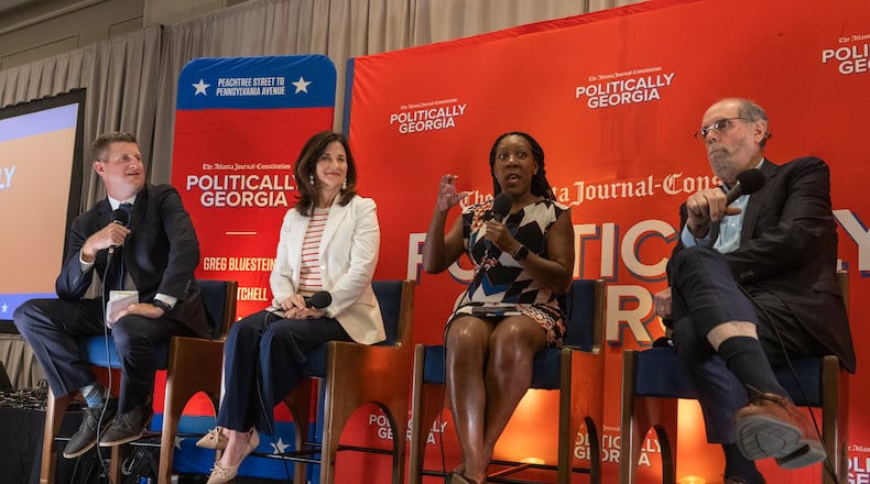 (Left to Right) Greg Bluestein, Patricia Murphy, Tia Mitchell, and Bill Nigut speaking at the Politically Georgia on the Road Tour on Monday, July 22, 2024 in Savannah, GA. (AJC Photo/Katelyn Myrick)
