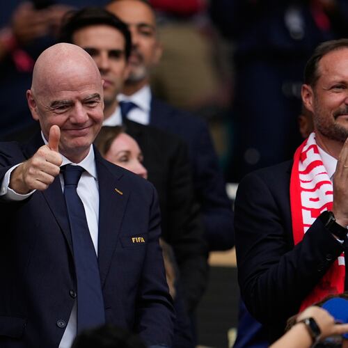 FIFA President Gianni Infantino attends the World Cup quarterfinal soccer match between Norway and England in Miami Gardens, Fla., Saturday, July 11, 2026. (AP Photo/George Walker IV)