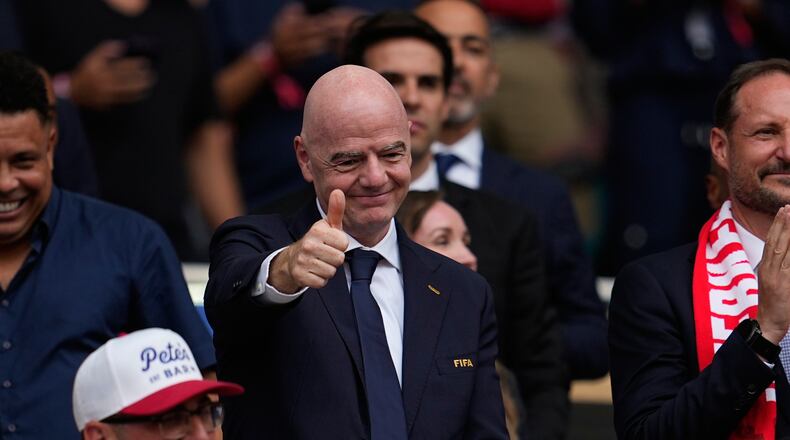 FIFA President Gianni Infantino attends the World Cup quarterfinal soccer match between Norway and England in Miami Gardens, Fla., Saturday, July 11, 2026. (AP Photo/George Walker IV)