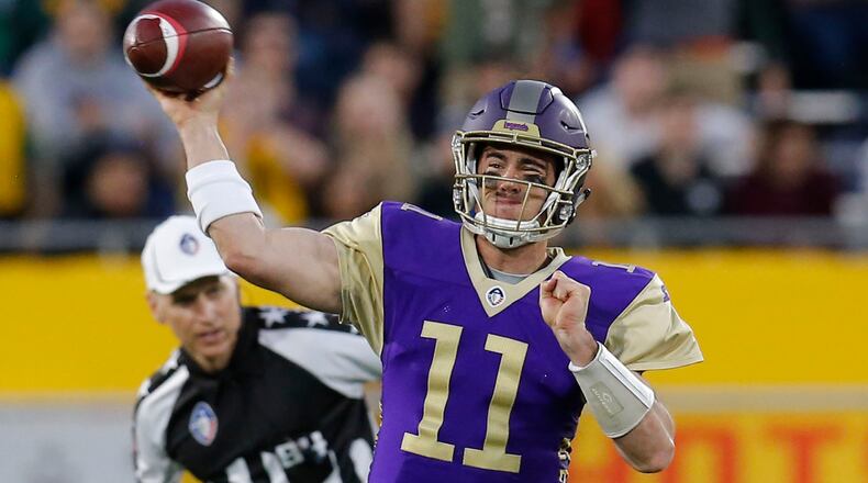 Atlanta Legends quarterback Aaron Murray (11) throws down field against the Arizona Hotshots Sunday, March 3, 2019, at Sun Devil Stadium in Phoenix.